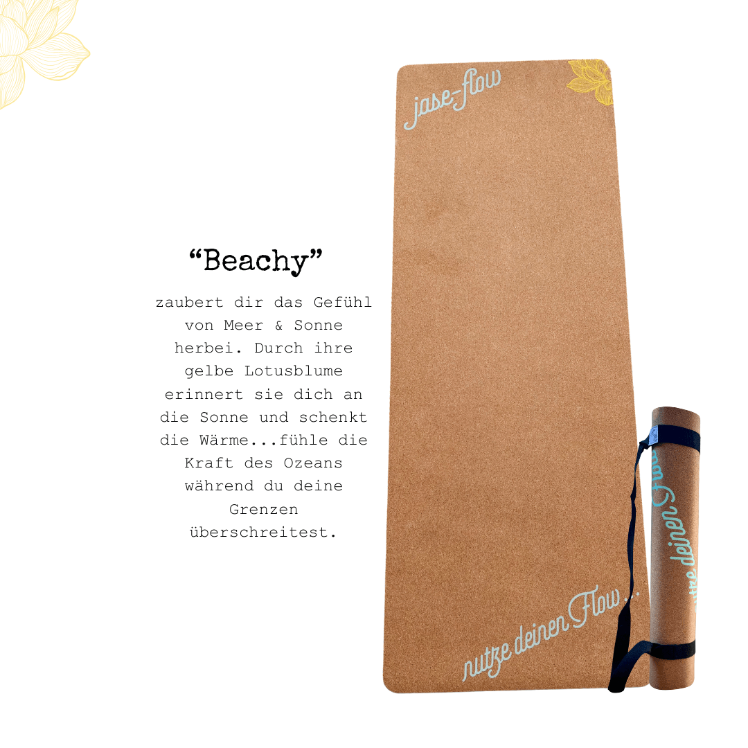 Yogamatte Kork -  Trainingsmattte umweltfreundlich - ökologisch und umweltfreundlich, Yogamatte Kork rutschfest und antibakteriell , Yogamatte in floralem Design in blau und gelb mit kleiner Lotusblume