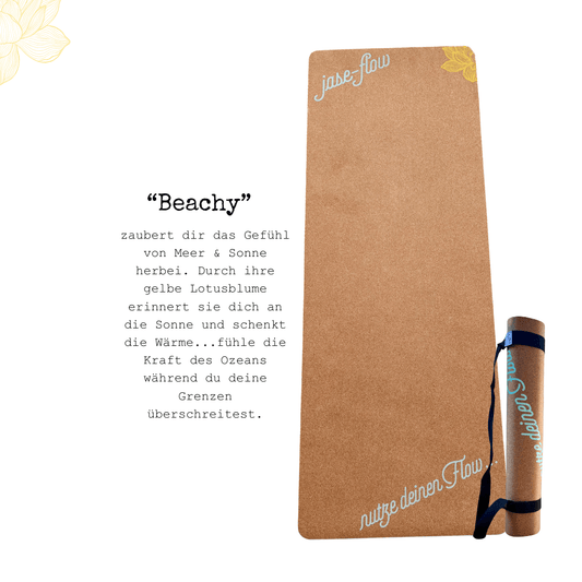 Yogamatte Kork -  Trainingsmattte umweltfreundlich - ökologisch und umweltfreundlich, Yogamatte Kork rutschfest und antibakteriell , Yogamatte in floralem Design in blau und gelb mit kleiner Lotusblume