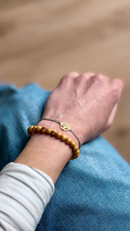Palo Santo Armband aus Naturholz kombiniert mit Lebensbaum Kette 
Gold 