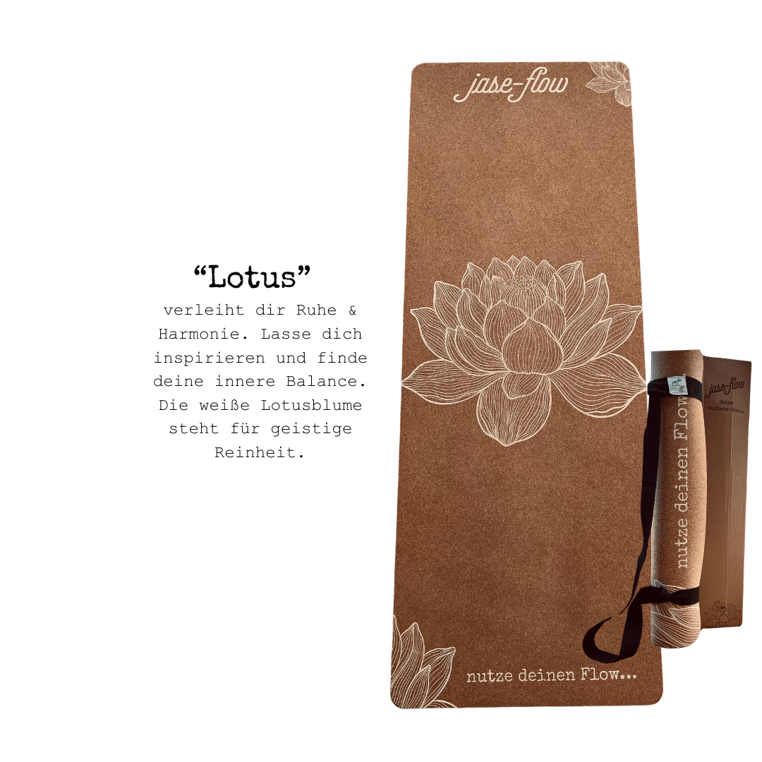 Yogamatte Kork Lotus - Trainingsmattte umweltfreundlich -  ökologisch und umweltfreundlich - rutschfest - Yogamatte mit Tragegurt - Yogamatte mit Lotus Design in Siebdruck in weiß 