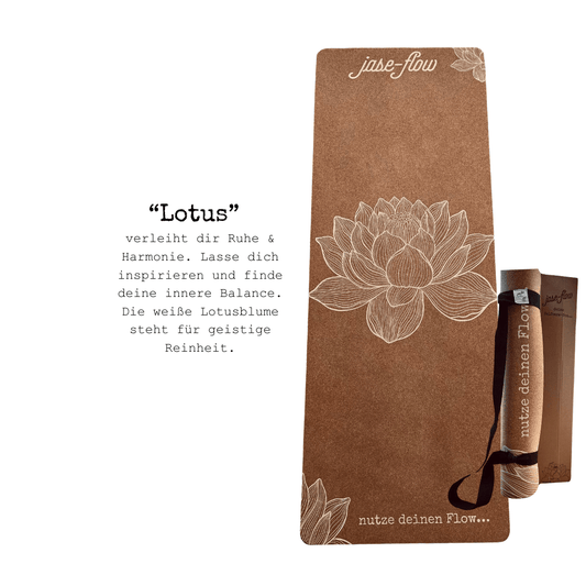 Yogamatte Kork Lotus - Trainingsmattte umweltfreundlich -  ökologisch und umweltfreundlich - rutschfest - Yogamatte mit Tragegurt - Yogamatte mit Lotus Design in Siebdruck in weiß 